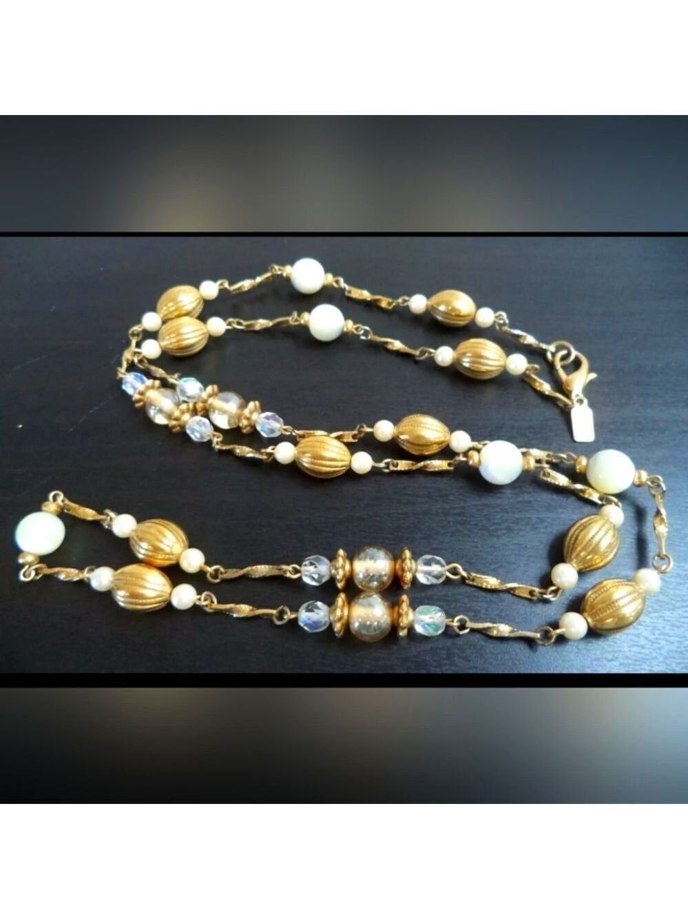 VINTAGE SIGNED "1928" AB GLASS & PEARL 35" NECKLACE